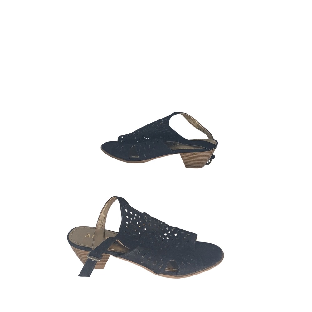 Anne Klein Slingback Sandals 8.5M Black Laser Cut Block Heel Professional Chic